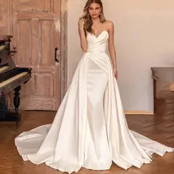 Personalizado 2 Em 1 Destacável Trem Vestido De Noiva 2023 Cetim Sem Mangas Simples Sereia Princesa Noiva Vestidos Vestido De Noiva