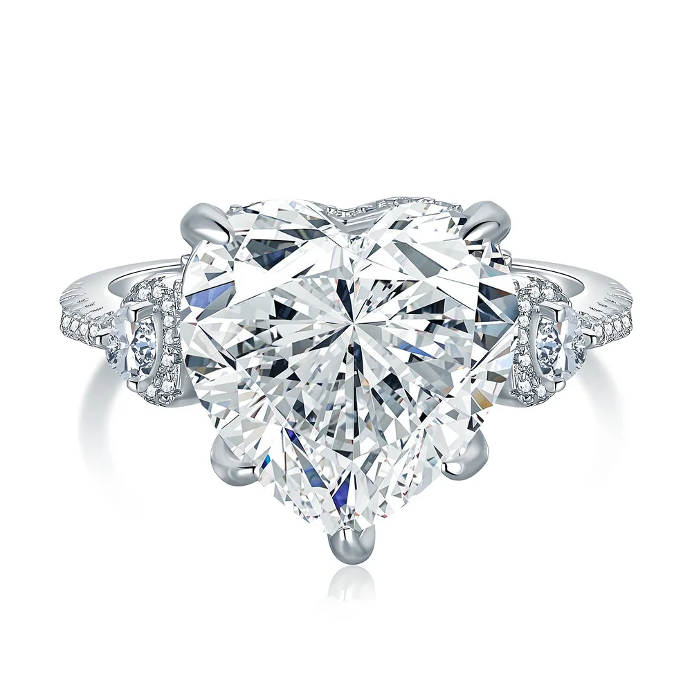 

S925 Rhodium Plated Silver 6CT D Color Oversized Moissanite 12x12mm Heart Shaped Ring for Women, Exquisite Jewelry