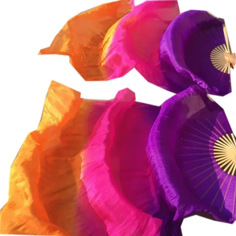 Children Adults  Hand Made Real Silk Veils Bamboo Flame Belly Dance Long Folding Fan Veil Art Colorful Purple Pink 120cm 180cm