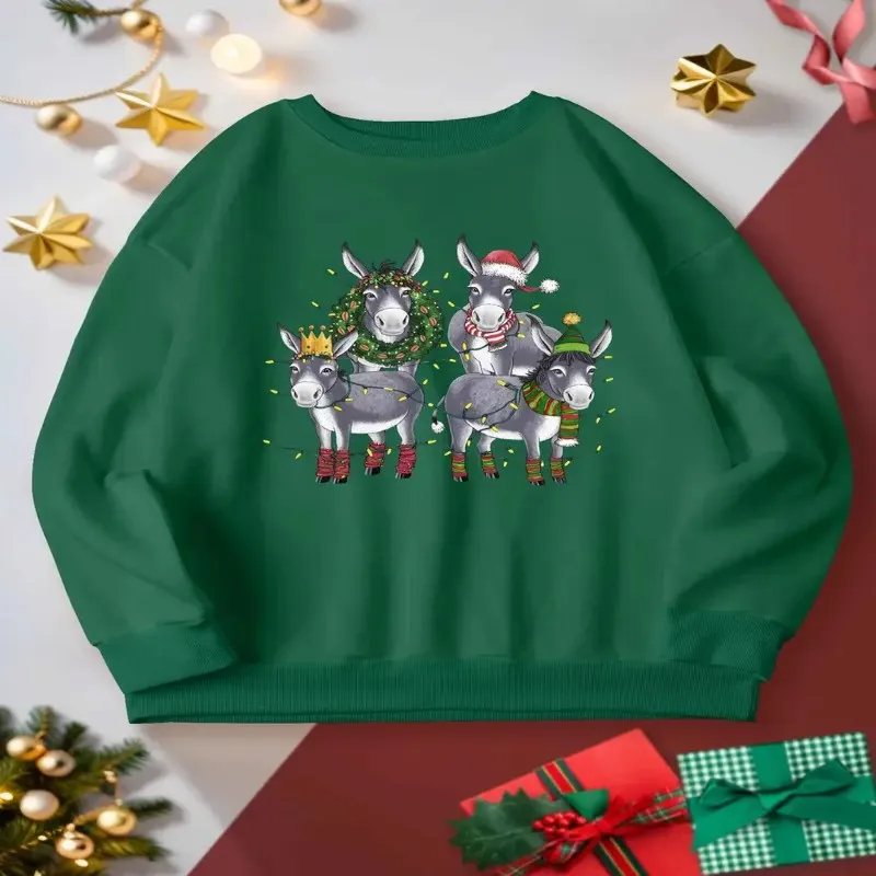 

Winter Fall Female Plus Size Clothes Women Oversize Sweatshirt Holiday Festive Donkeys Illustration Cotton Fashionable Comfort