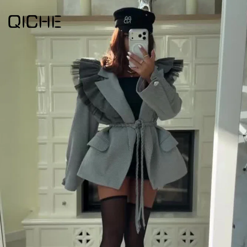 QICHE 2026 Fall Elegant Outerwear, Ladies Light Grey Ruffle Shoulder Tie Waist Chic Slim Jacket