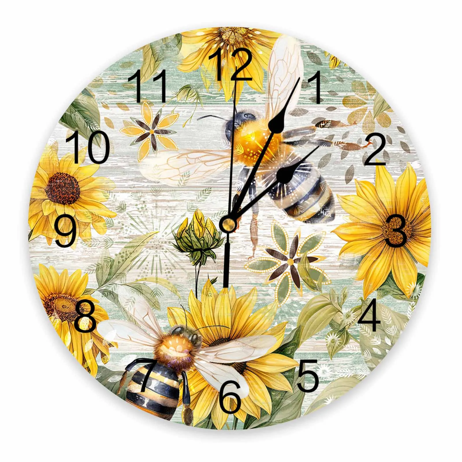 Retro Wood Grain Sunflower Bee PVC Wall Clock Bedroom Decoration Wall Clock Modern Design Home Decore Wall Digital Clock