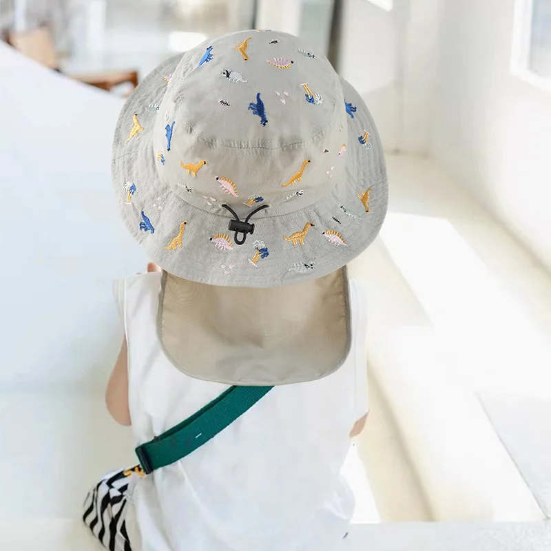 

Summer Sun Hat for Kids Adjustable Quick-dry Bonnet Embroidery Dinosaur Children's Fisherman Hat Cloak Cap панама детская