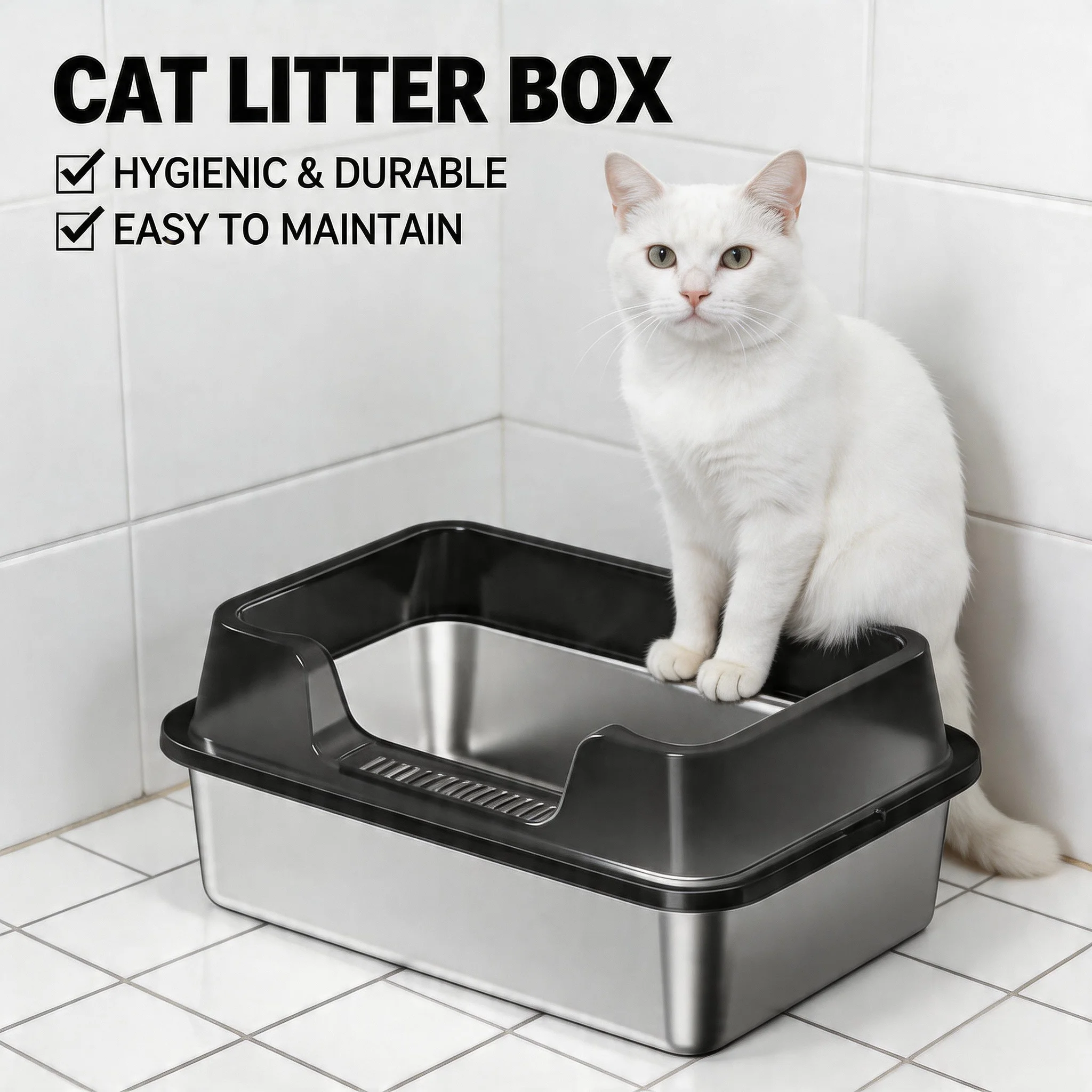 

Rustproof Stainless Steel Cat Litter Box with Lid & Scoop for Big Cat XL Metal Litter Pan High Wall Sides Non-Sticky Enclosed