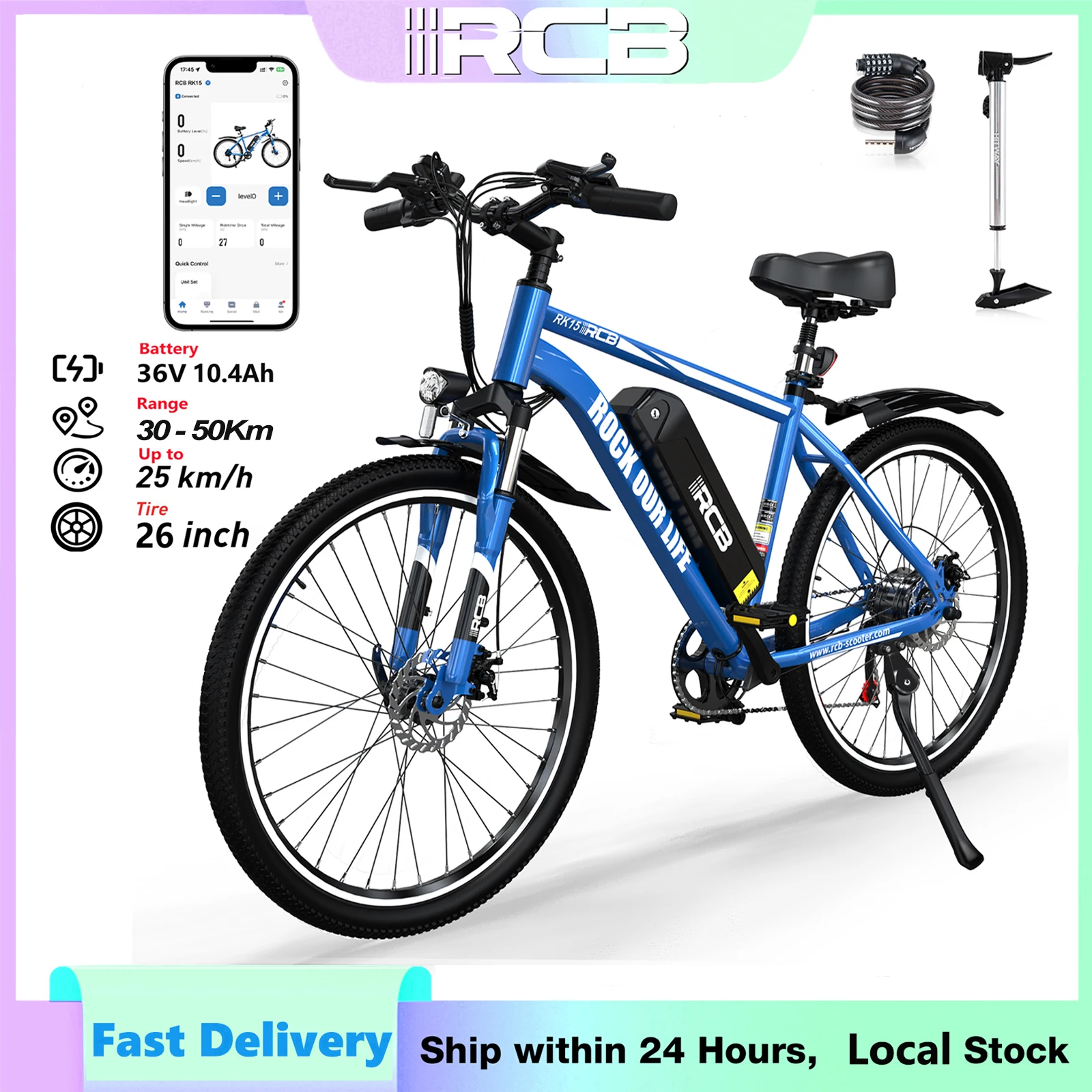 RCB RK15 Vélo Électrique 250W 36V 10.4Ah Batterie Amovible 26" 7 Vitesses Frein à Disque Grande Autonomie Urbain pour Adulte