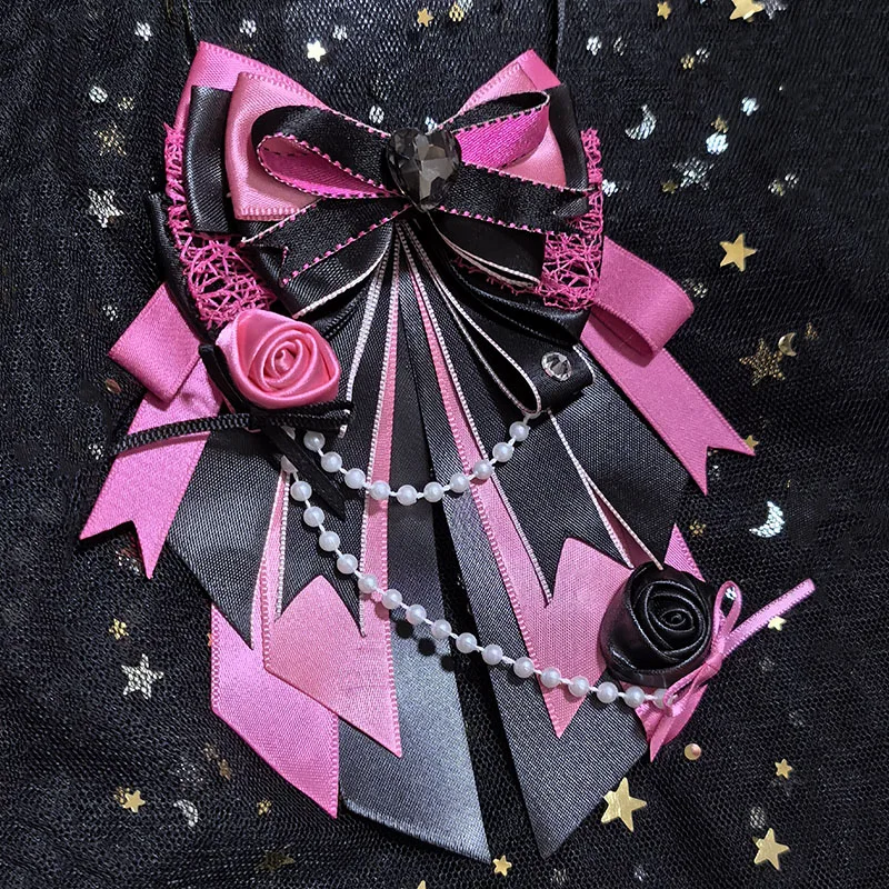 Handmade Ribbon Bows Tie Cosplay Anime Support Sticks Bow High-end Luxury Rhinestone Brooch Original Women's Shirt Collar Flower
