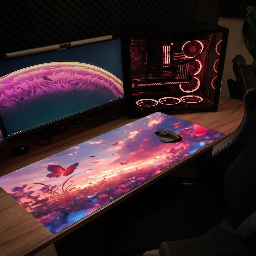 Large XXL Gaming Mouse Pad Glowing Butterfly Flower Art Deskmat Non‑Slip Rubber Keyboard Mats Cosmic Starry Sky Mousepads