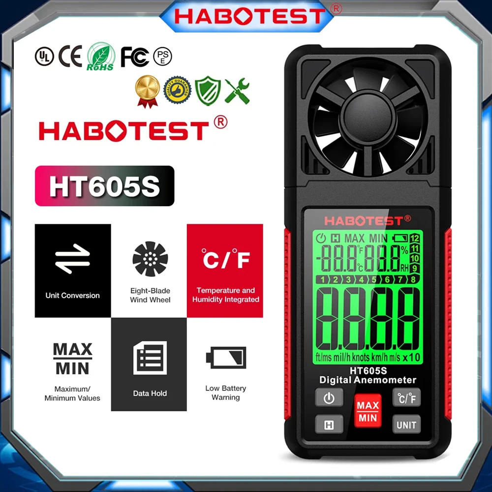 HABOTEST HT605S Digital Anemometer Air Flow Wind Speed Meter LCD Backlight Thermometer Hhygrometer Professional Anemometer