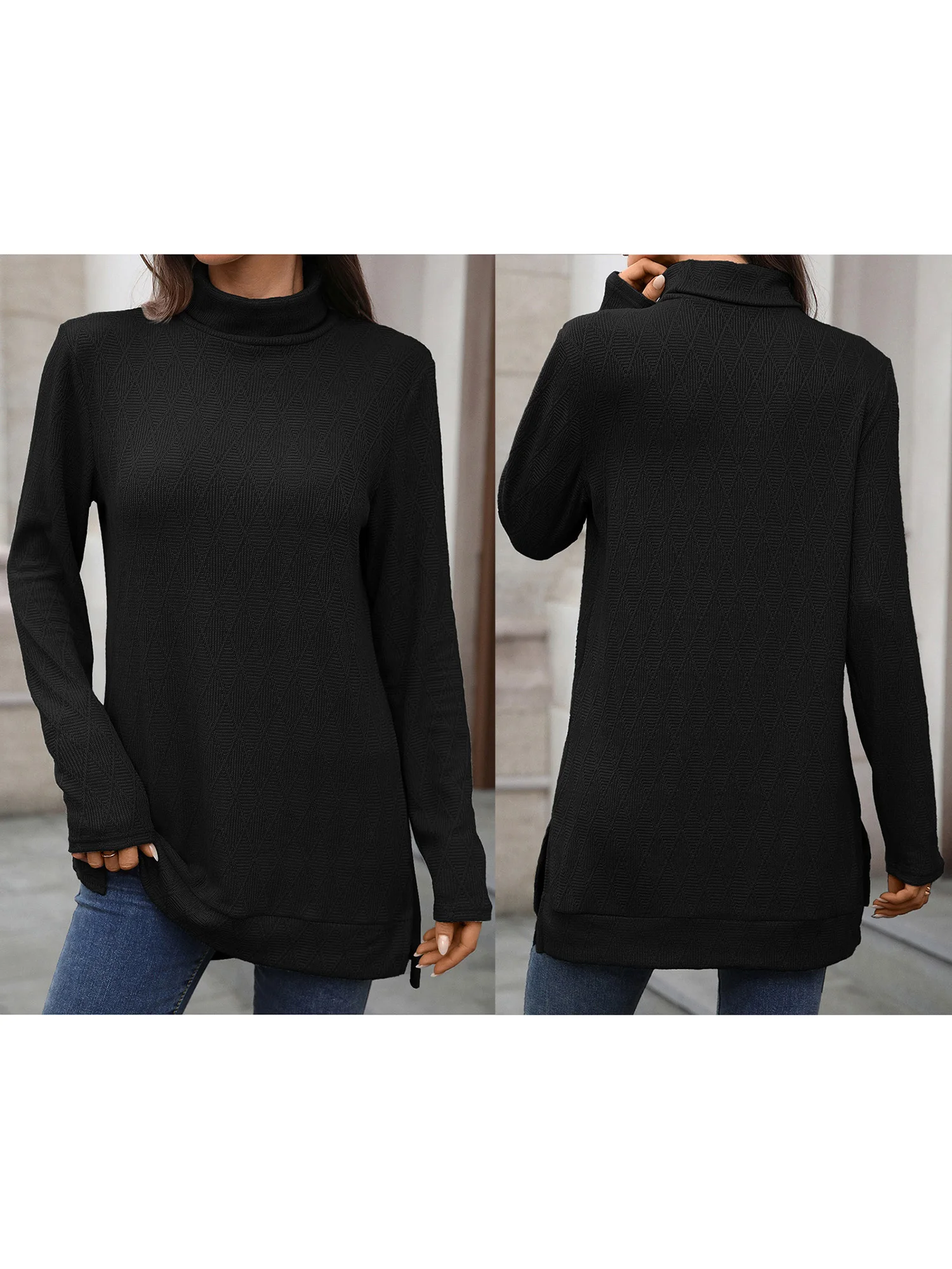 المرأة مضلع متماسكة سترة الخريف الشتاء كم طويل الياقة المدورة بلون شق هيم بلوزة كاجوال البلوز