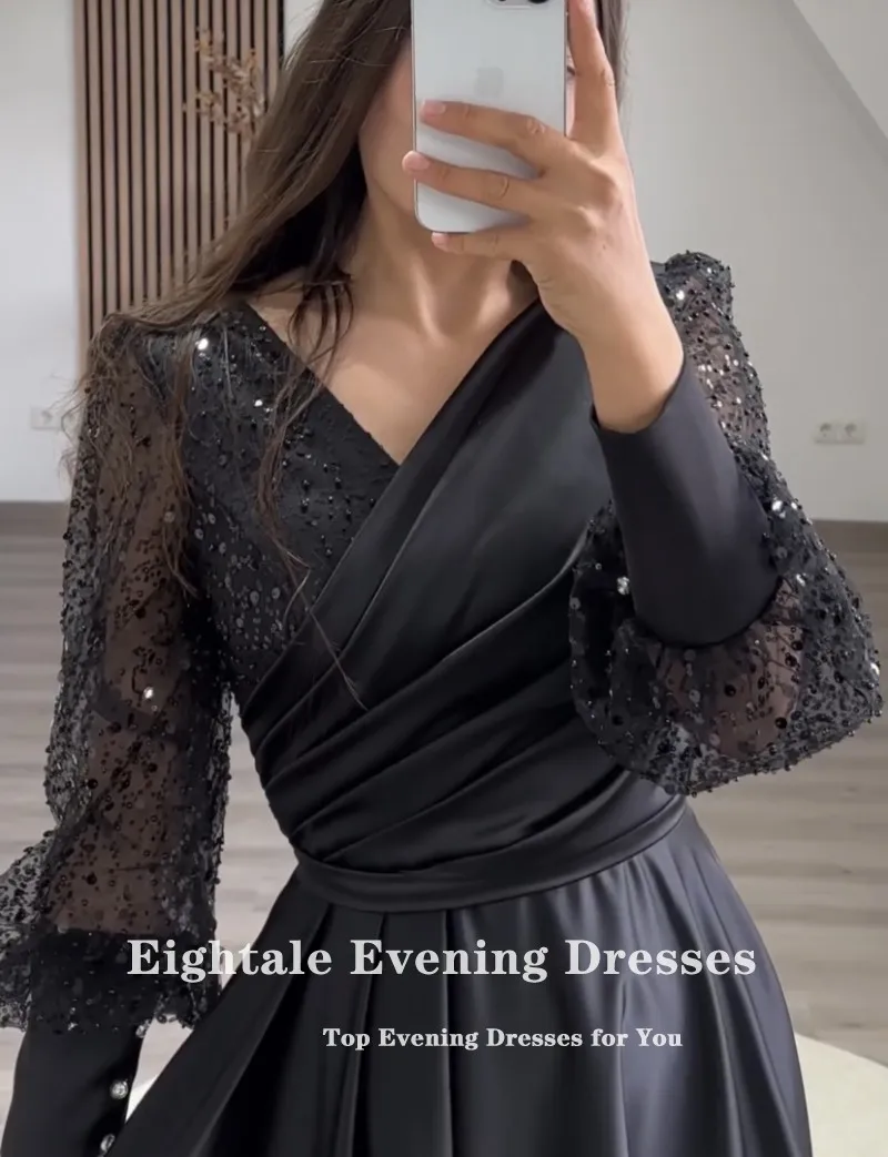 Eightale Shiny Prom Dresses V-Neck Glitter Long Sleeve Customized Black A-Line Short Evening Party Gown Vestidos Para Graduación