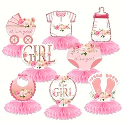 8Pcs Pink Rose Gold Baby Shower Decorations Honeycomb Centerpieces for Girls, Floral It's a Girl Gender Reveal Table
