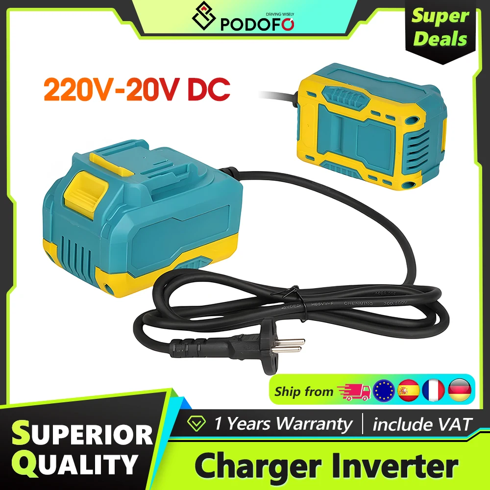 Podofo 220V AC zu 20V DC 40A DC-Stromadapter-Ladegerät-Wechselrichter für 18V-Schnittstellen-Elektrowerkzeuge EU-Stecker für kabelloses Werkzeugzubehör.