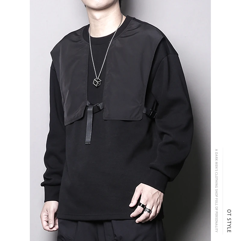 Fake Two Pieces Men's Pullover Hoodie Trendy Splicing Work Clothes For Autumn Round Neck Sweater Long Sleeved T-shirt For Men