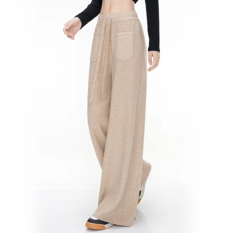 المرأة عالية الخصر واسعة الساق السراويل محبوك عارضة الطابق طول السراويل استرخاء صالح الخريف الشتاء كسول نمط