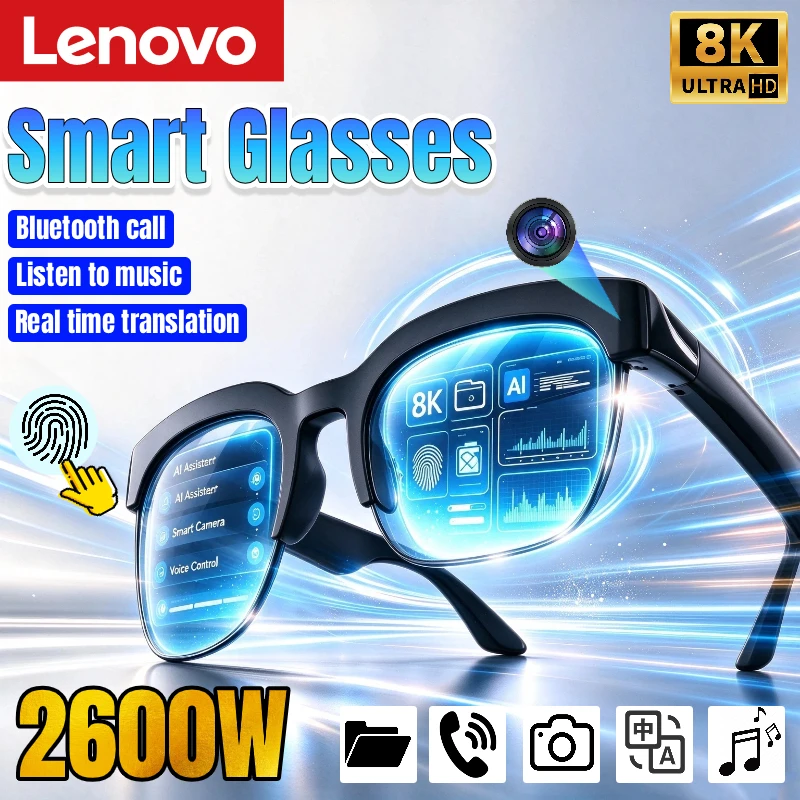 Lenovo AI Smart Glasses 8K HD 2400MP Touch Camera Translation Listening To Music Bluetooth Conversation Recording Smart Glasses