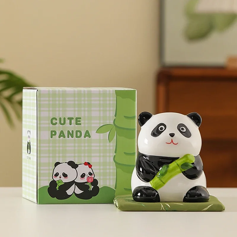 4 Inch Ceramic Panda Ornament Lucky Panda Figurine Workspace Decoration Money Box with Placemat Animal Statue