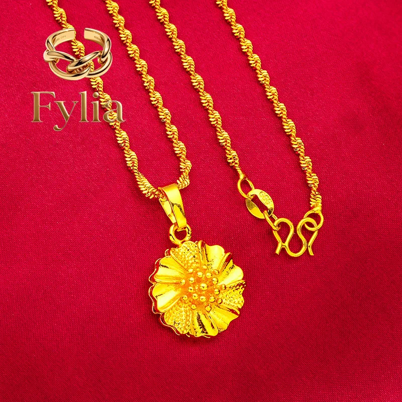 Fylia Jewelry   Flower Water Ripple Necklace for Women, 24K Gold, AU999 | 3D petals on rippled chain, polished and radiant for d