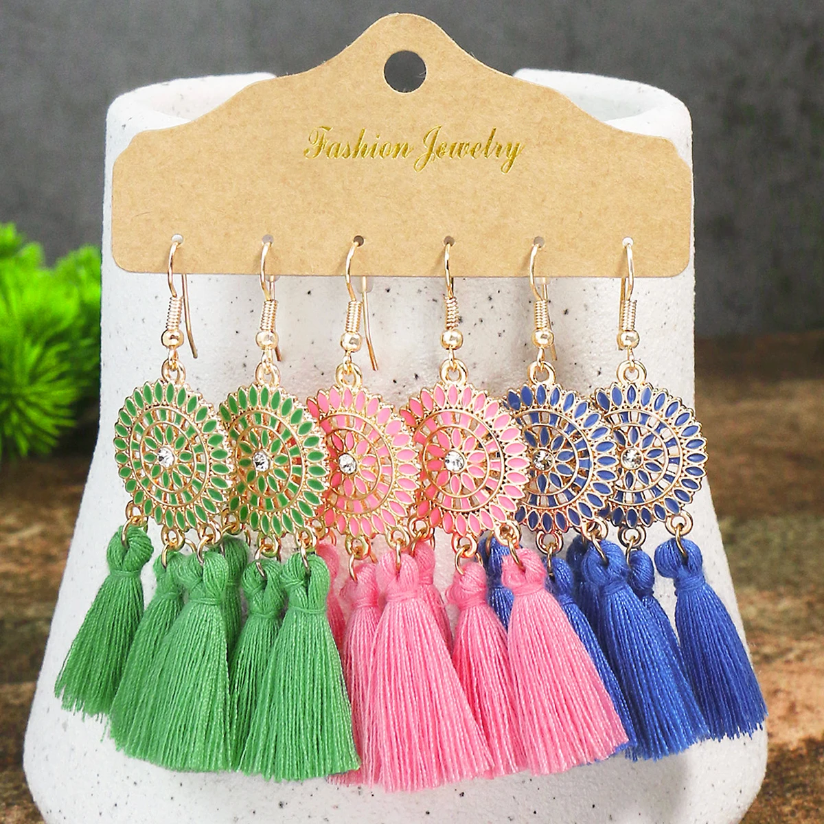 Boho Vacation Style Women Earrings Set Colored Tassel Design Rhinestone Inlay Round Earrings Court Style Jewelry Gifts