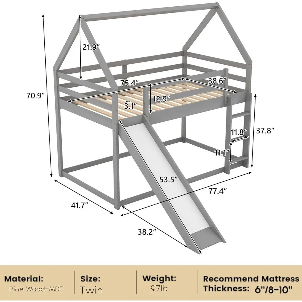 Kids Bunk Bed Twin Over Twin with Slide and Ladder, House Bunk Bed or Kids Boys Girls, No Box Spring Needed, Gray
