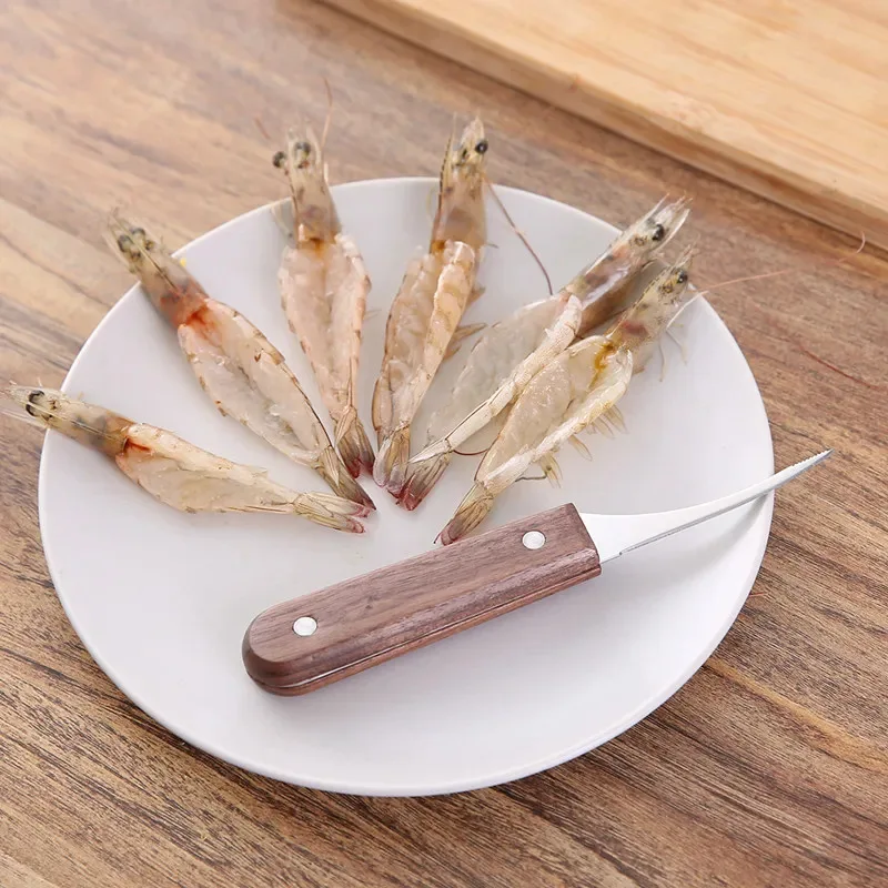 100pcs/lot Solid Wood Handle Shrimp Peeling Tool Cleaning Device Stainless Steel Shrimps Line Peel Seafood Prawn Shell Peeler