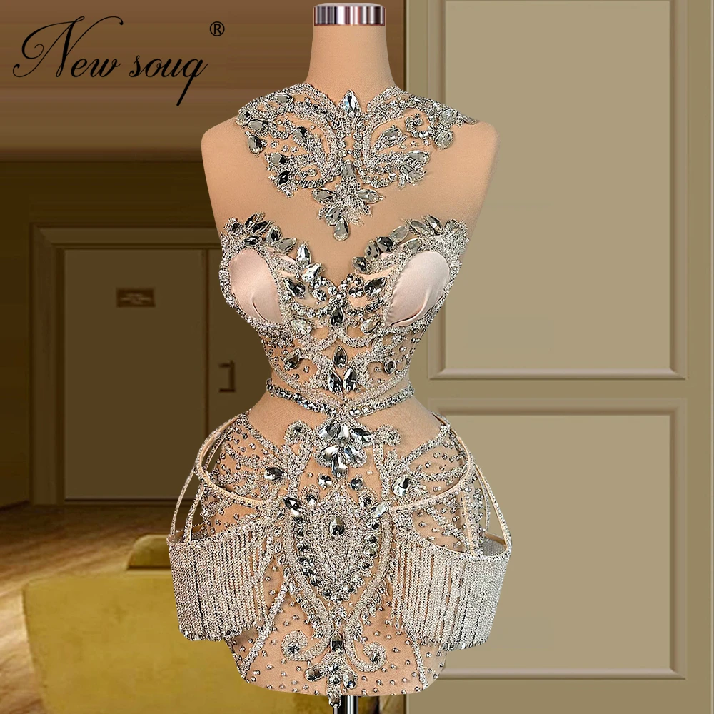 

Formal Beading Short Cocktail Dresses Robes De Soiree Customize Mermaid Illusion Party Clubbing Dress Crystal Evening Dresses