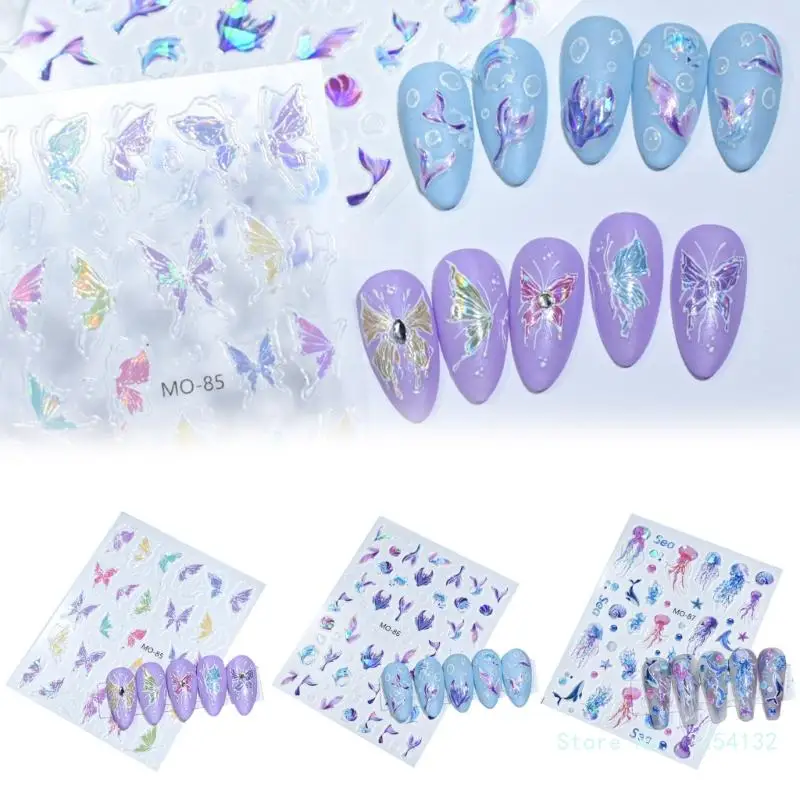 1 Sheet Laser Aurora Mermaid Tails Nails Sticker Butterfly Jellyfish Shining Design Nail Supplies Decal Manicure Decor