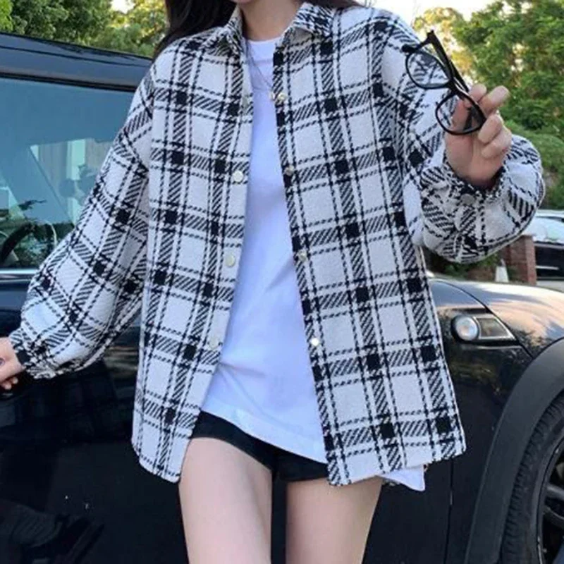 

Plaid shirt coat women's spring and autumn new loose lazy wind thickened loose leisure over-the-knee woolen cloth blouse women