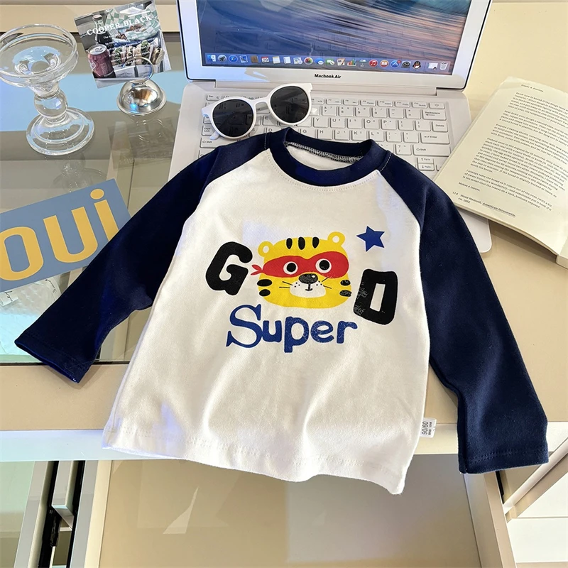 Kids Cartoon Print Long Sleeve T‑Shirt Baby Boys Girls Contrast Color Crew Neck Casual Cotton Tops Spring Autumn Children Tee