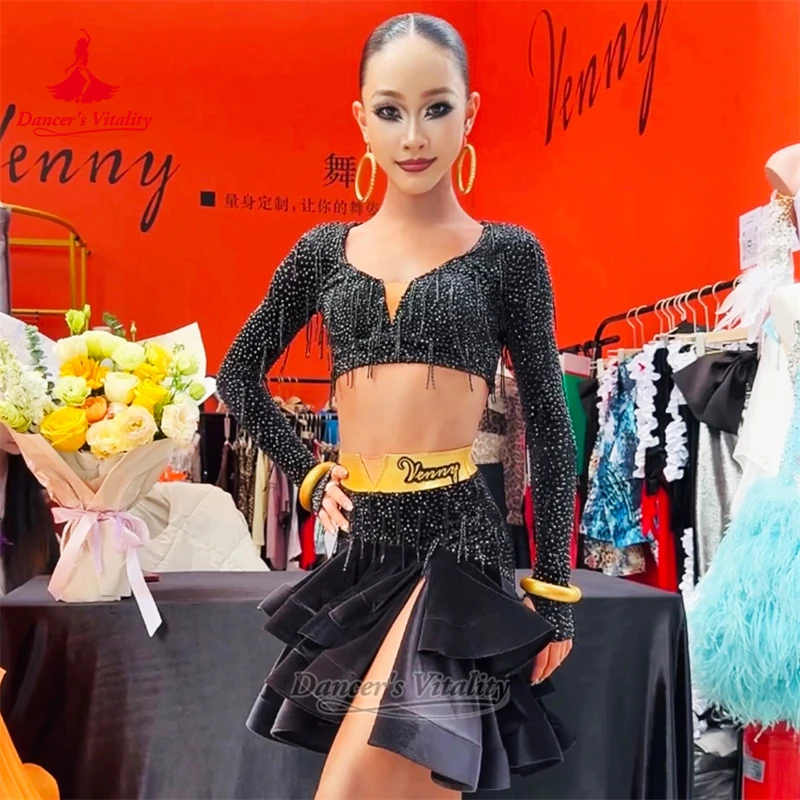 Adult&Child Latin Dance Luxury AB Stones Long Sleeves Top+Fishbone Skirt Suit Women Samba Clothing Customized Dancer's Vitality