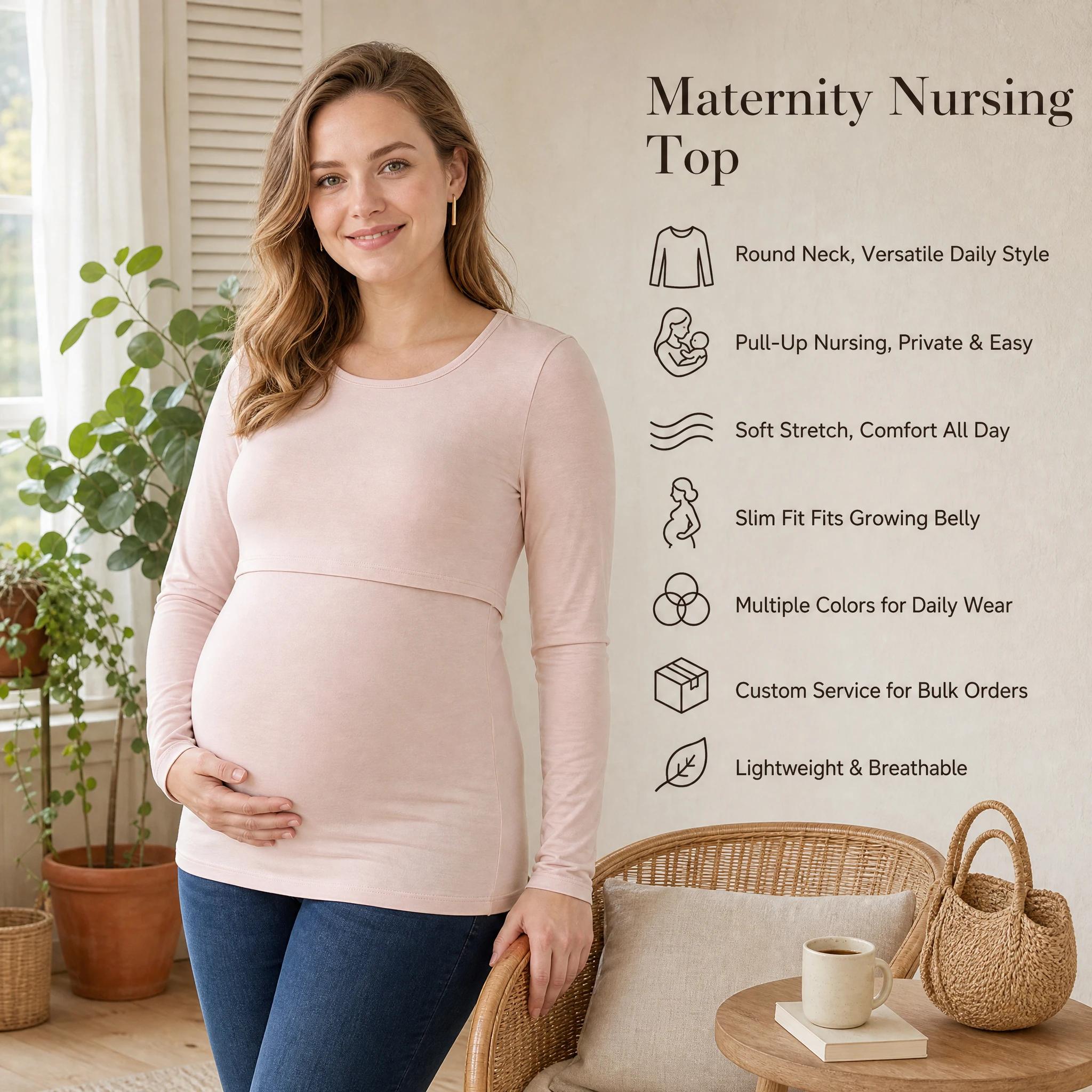 Long Sleeve Maternity Nursing Top Modal Stretch Pull Up Breastfeeding Shirt Pregnant Women Daily Wear