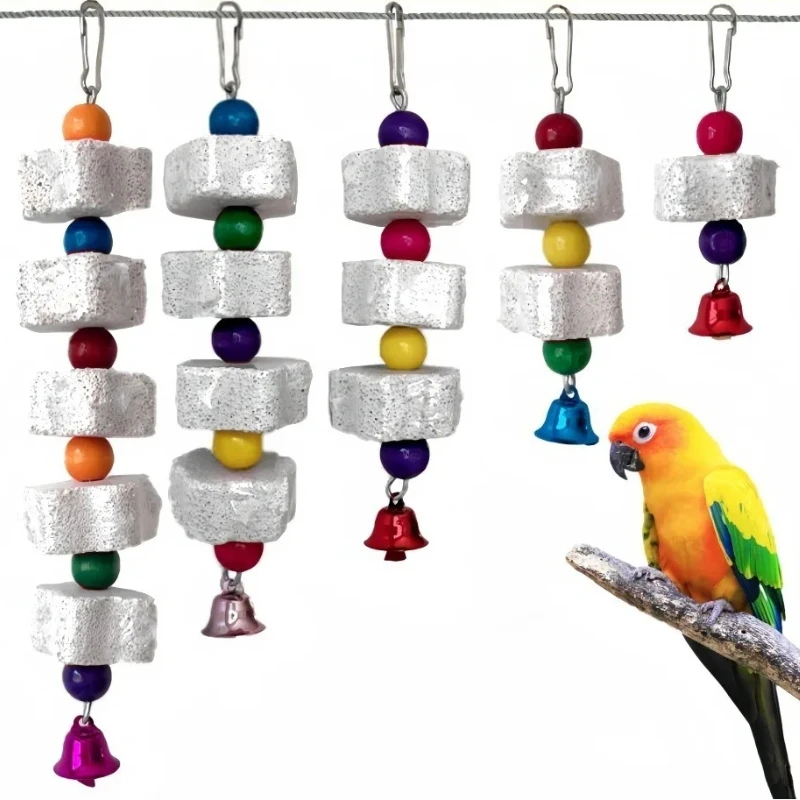 Juguete de Jaula Multicolor para Aves, Piedra de Calcio para Masticar, con Campanas, para Loros, Hámsteres y Chinchillas, Accesorios para Jaulas de Aves