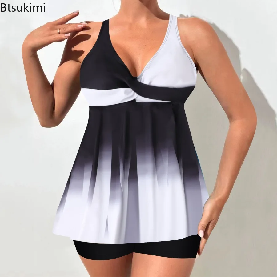 Women's Premium Summer Vacation Swimwear Blockbuster Leaf Print Top and Halter Beach Swimwear Loose Belly Covering Swimsuit Sets