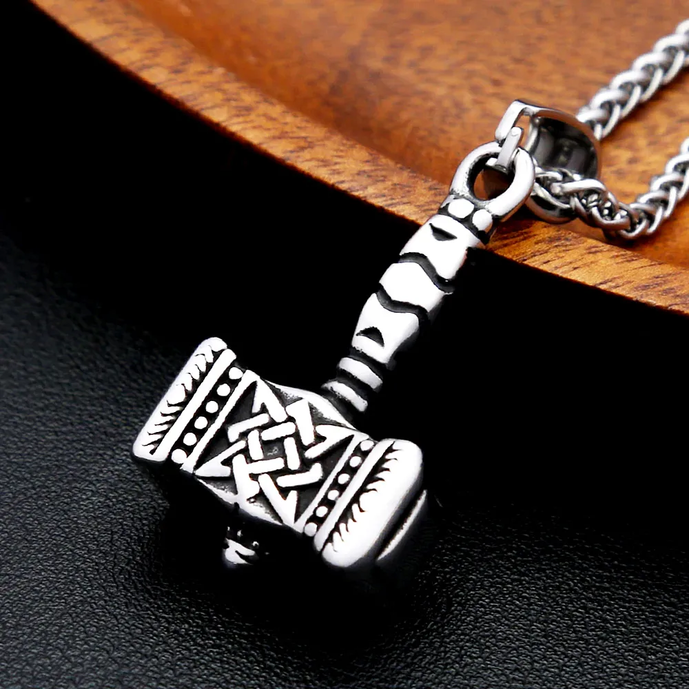 Viking Thor Hammer Stainless Steel Pendant Necklace Retro Norse Mythology Lucky Neck Unisex Fashion Jewelry Gifts Drop Shipping