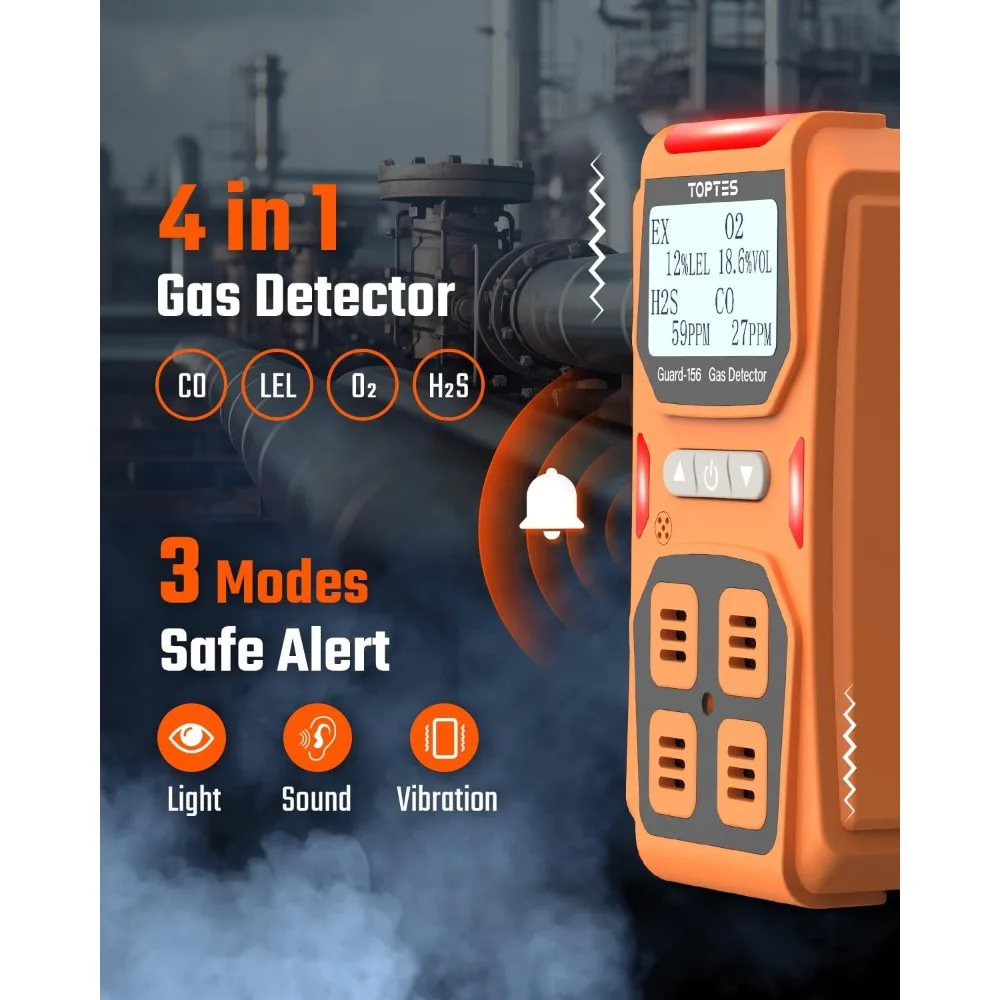 Guard-156 4 Monitor de Gás Multi Detector de Gás para H2S, CO, LEL e O2, Modos de Alarme Triplo (Visual, Vibração, Som)