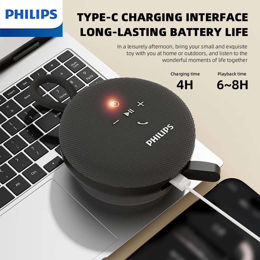 Philips TAS1120 Altoparlante Bluetooth portatile esterno Wireless 800mAh Subwoofer interno impermeabile per bagno con cordino a ventosa