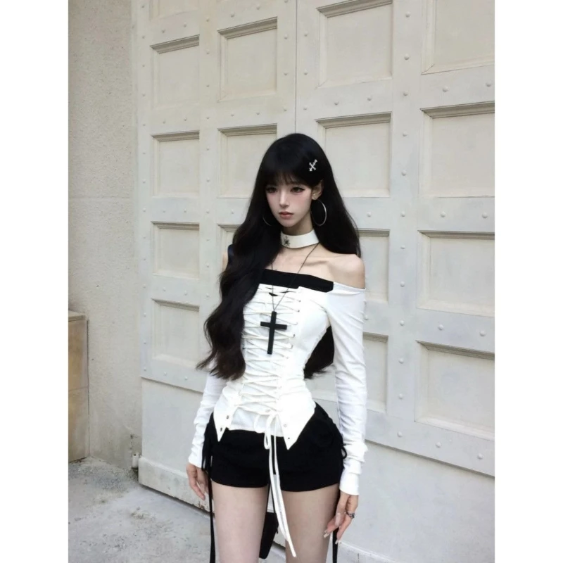 

American Vintage Sexy Long Sleeve Tee Women Casual Streetwear Gothic Lace-Up Top Patchwork Off-Shoulder Slash Neck Bodycon 2025