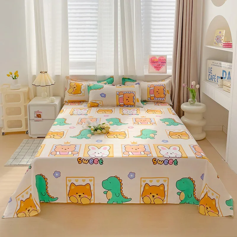 Cartoon Flat Sheet with 2 Pillowcases Soft Comfortable Kawaii Bear Rabbit Dinosaur Print Bed Sheet Set Microfiber Bed Cover,Twin