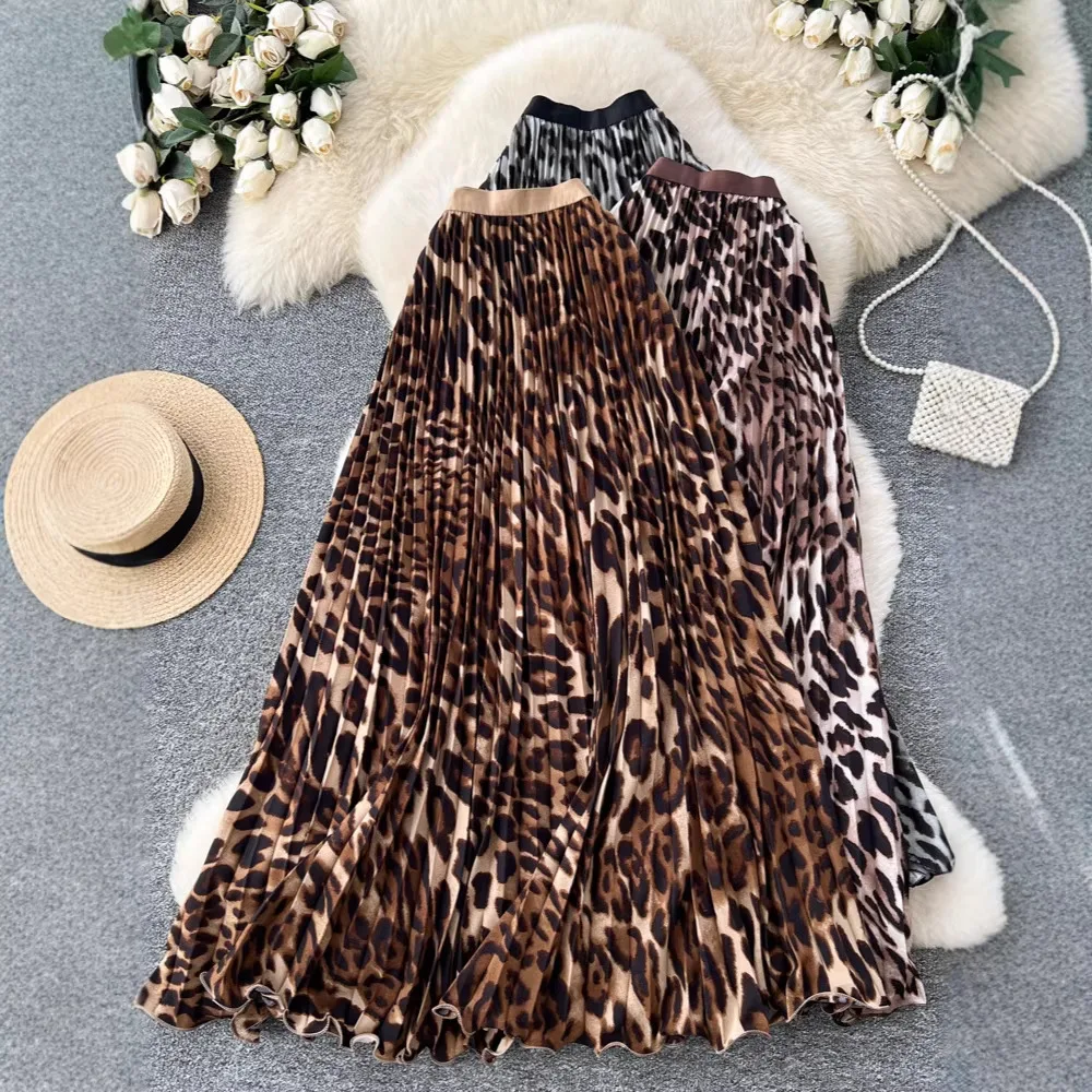 Seoulish High Waist Vintage Leopard Printed Women's Pleated Skirts 2026 New Summer Umbrella Straight Long Skirts Female