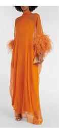 OLOEY Orange Chiffon Evening Dresses African Women High Neck Long Sleeves Feathers Straight Formal Party Prom Gowns Vestidos