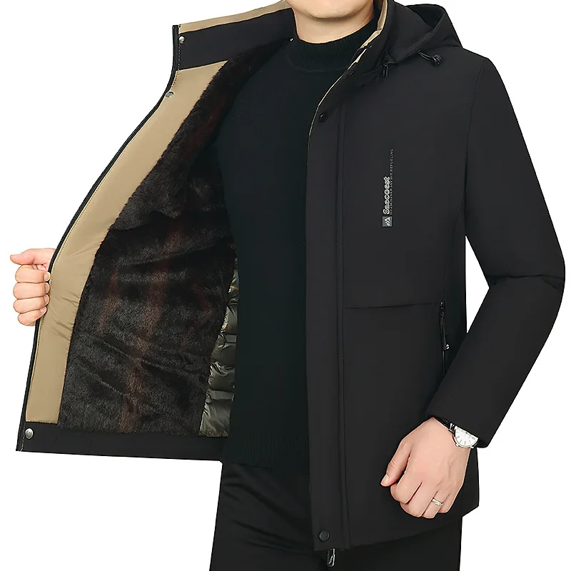 Men's Winter Fleece Cotton-Padded Jacket Thickened Warm Business Outerwear Middle-Aged Trendy Clothing