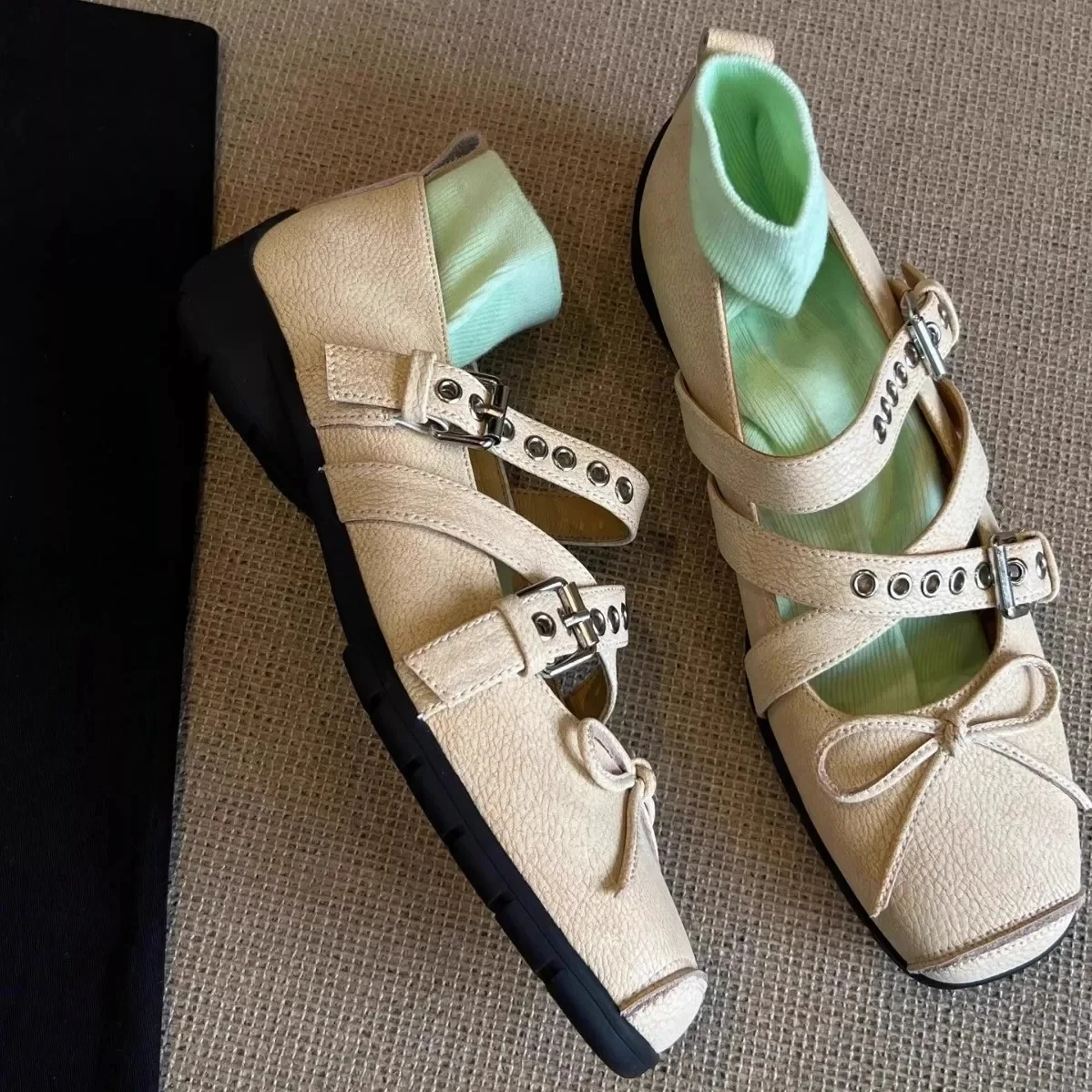 

Leather Version Square Head Butterfly Knot Sports Ballet Shoes Buckle Lightweight Genuine Leather Retro Mary Janes Flats