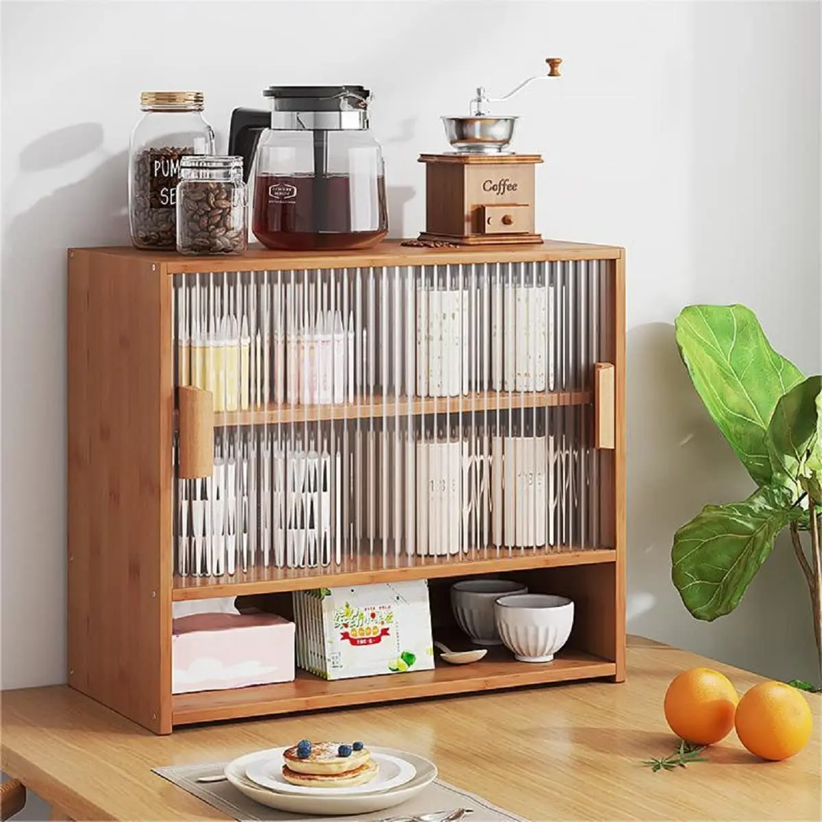 Gdrasuya10 Маленькая бамбуковая кухонная кладовая, сервант в кладовой с 2 раздвижными дверцами Отдельно стоящий кухонный шкаф для хранения на столешнице Fo