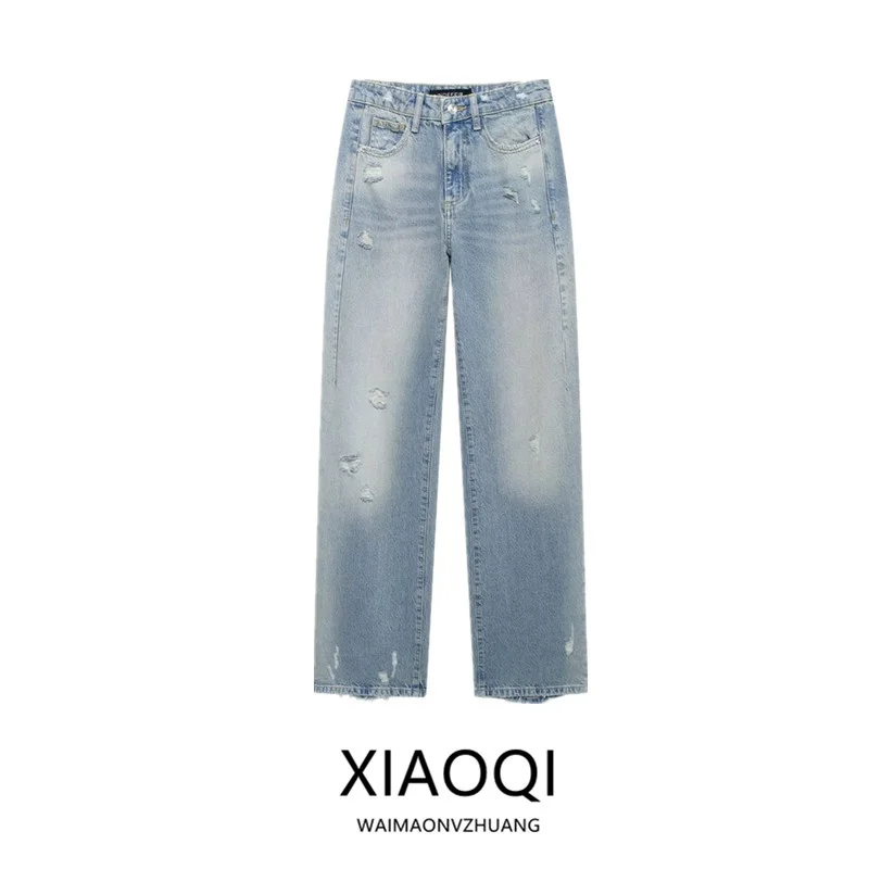 

Fall 2024 Women's Versatile Hole Decorative Mid-Waist Straight Leg Jeans Long Trousers l Waist Straight Pants