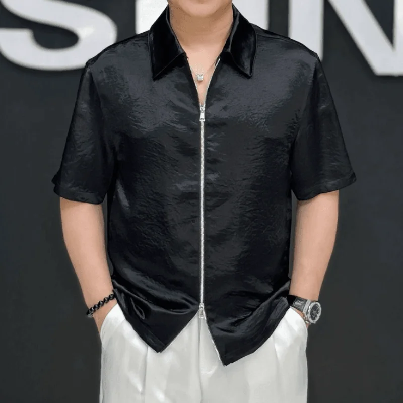 Light Luxury Summer New Solid Color Pleated Short-sleeved Men's Trendy Brand Thin Zippered Half-sleeved T-shirt Cardigan