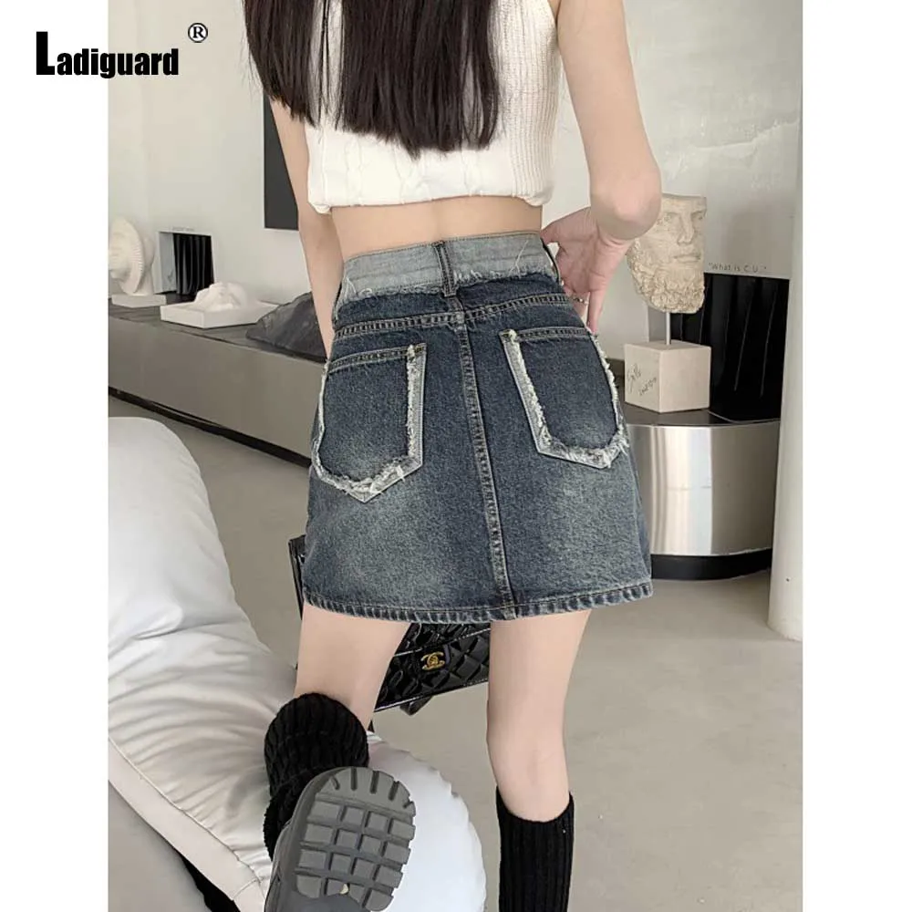 Women Stand Pocket Denim Skirts Clothing 2023 Korean Fashion Tierred Short Jeans Dresses High Cut Skirt Mini Pencil Bodycon