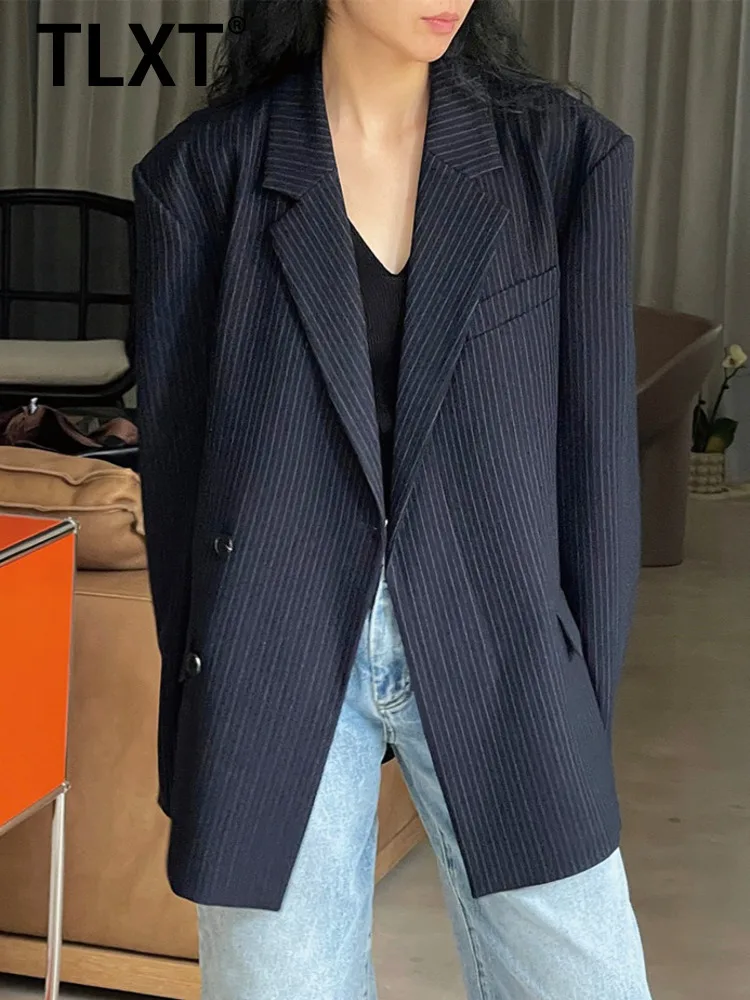 

TLXT Elegant Women's Striped Design Blazer Lapel Single Button Long Sleeve Commute Coats Female Spring 2025 New Clothing XK1218