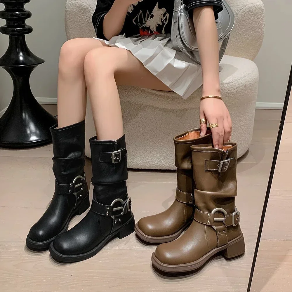 2024 New Knee High Platfrom Studded Spring Summer Knight Combat Gothic Elegant Medium Heel Women's Shoes Motorcycle Footwear