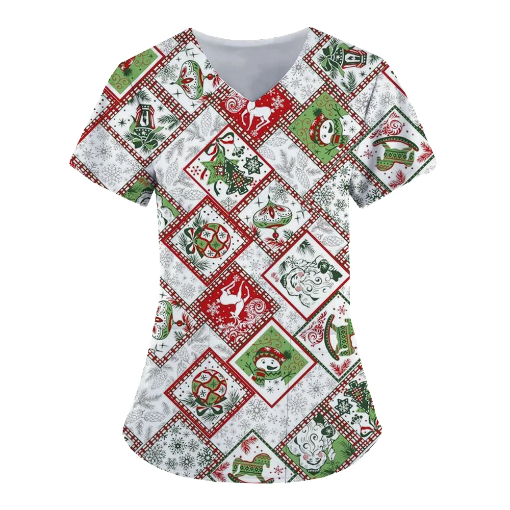 Women's work uniforms Christmas plaid element print cartoon V-neck tops women's shirts nurse work clothes medical uniforms