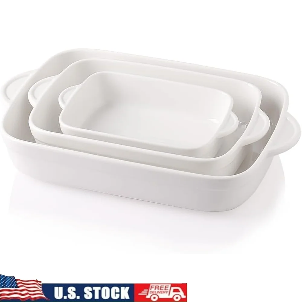 

Casserole Dishes Bakeware Set of 3 Ceramic Lasagna Pan Deep Rectangular Oven Safe Non-Stick Kitchen Cooking Accessories