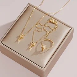 Fashion Gold Color Cross Ring Necklace Bracelet Sets For Women New Simple Metal Vintage Cross Pendant Jewelry Set Trendy Gifts